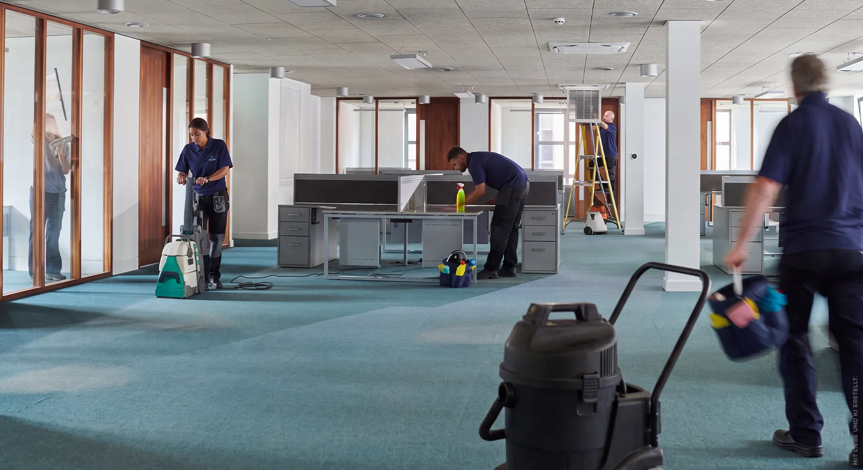Karriere bei Peryton. Team reinigt Büro KI generiert